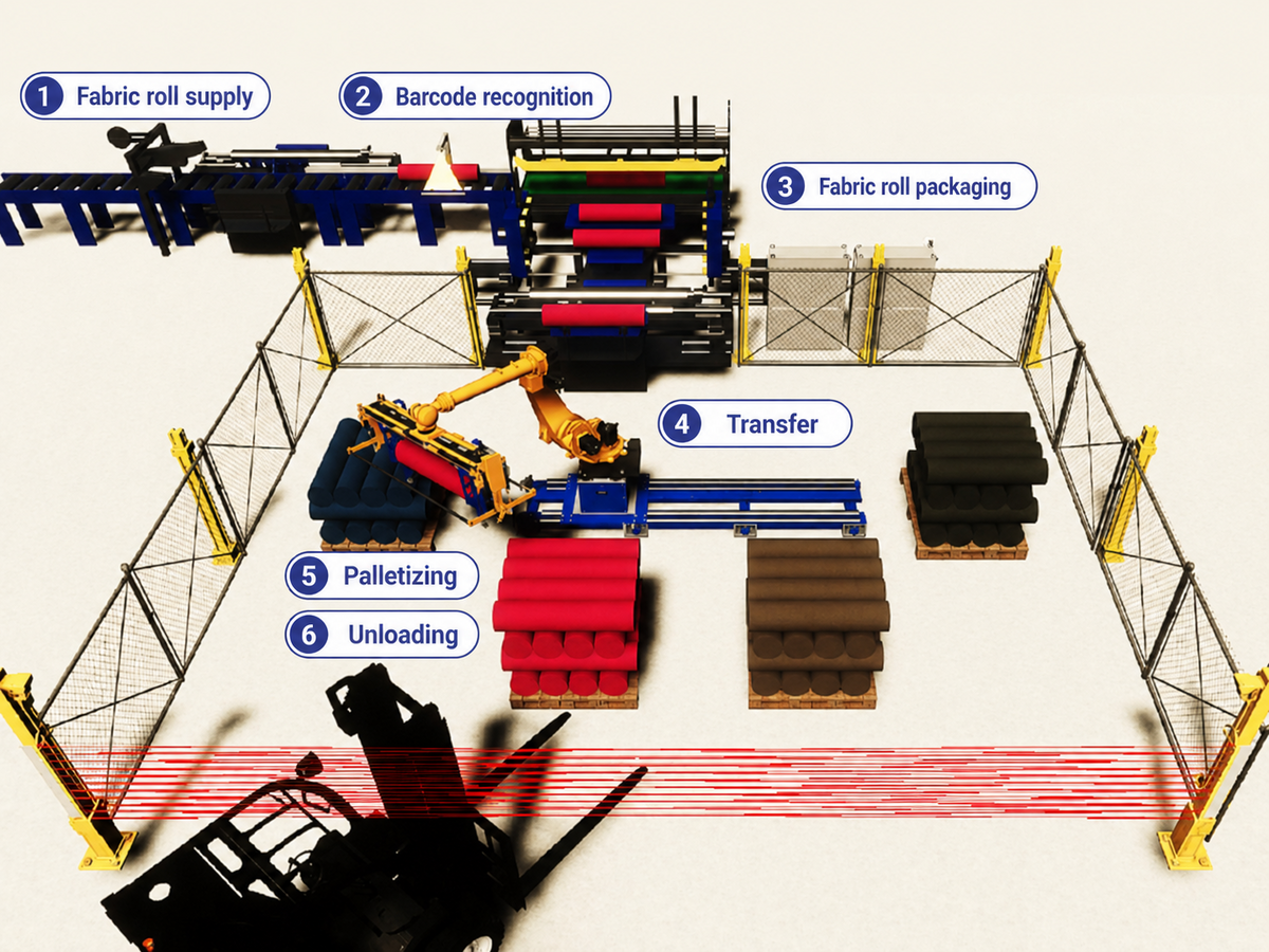 Fabric-roll packaging, transfer and palletizing process layout